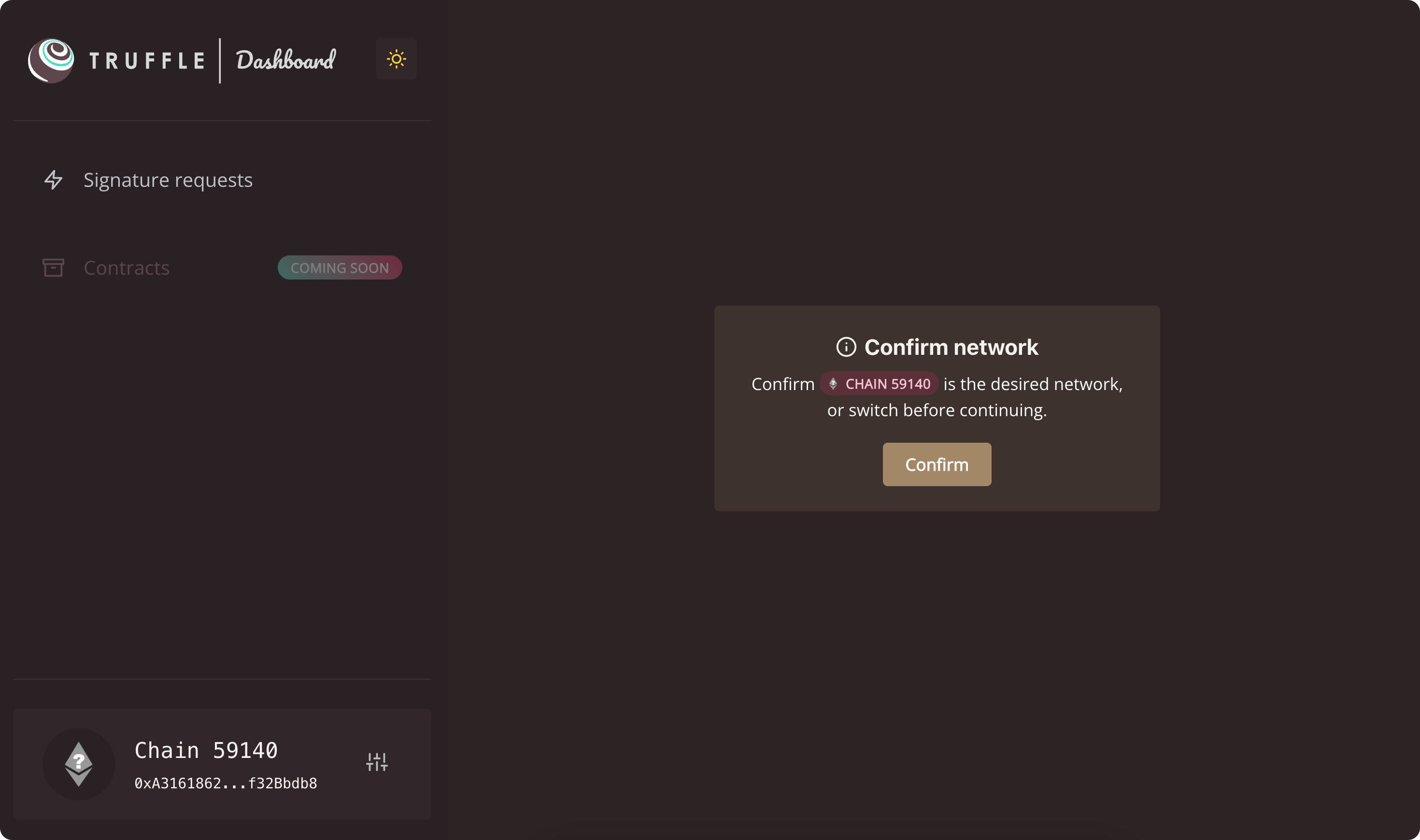 Truffle dashboard confirm network